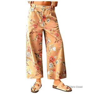 Mid Rise Cropped Wide Leg Jeans Floral Print Denim Pants